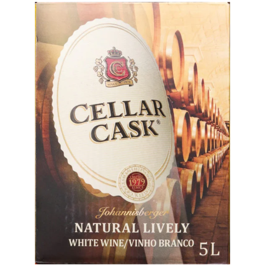 Cellar Cask white wine box with wine barrels in the background